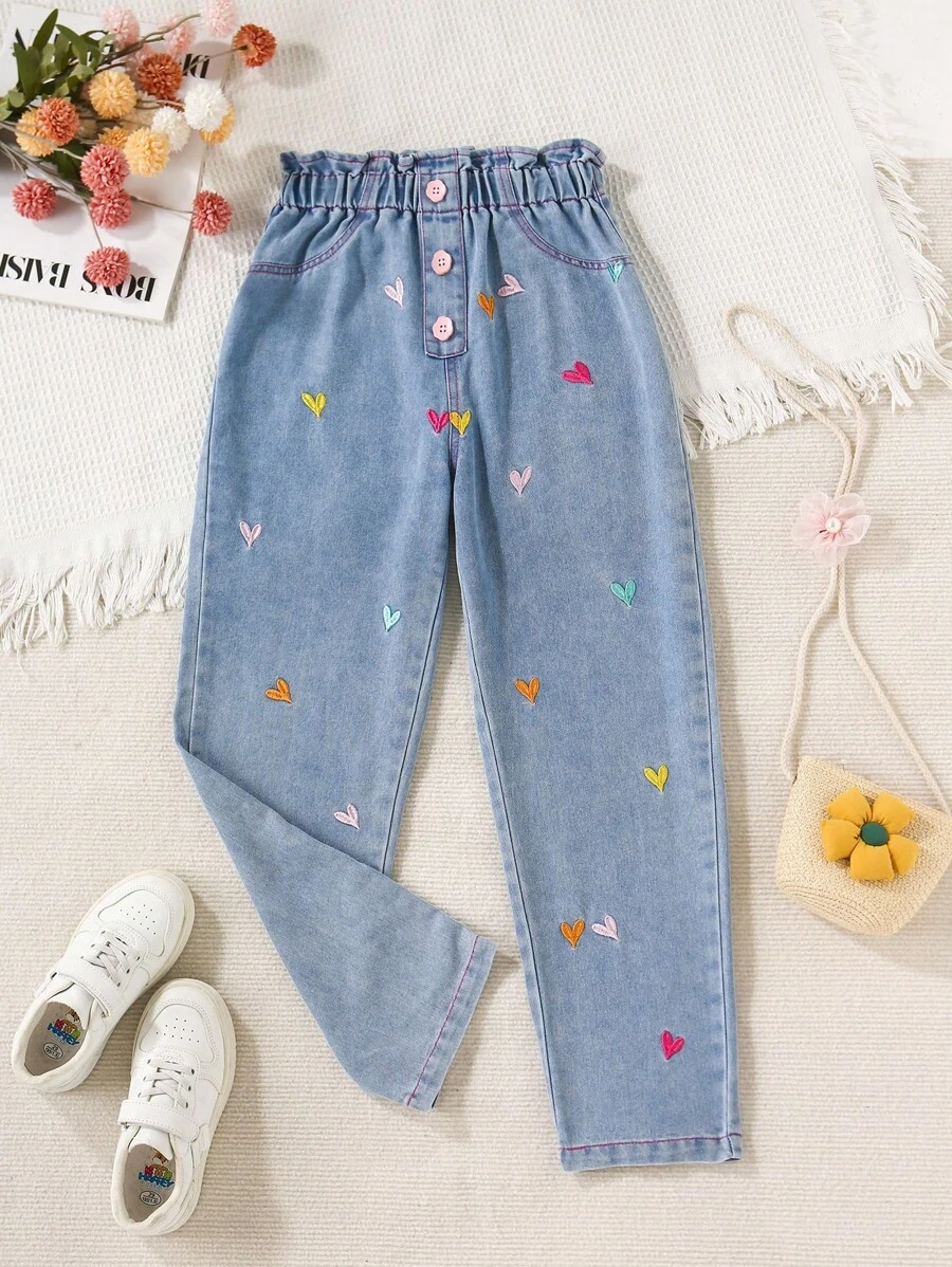 SHEIN Y2K 风格水洗浅色休闲宽松心形刺绣腰带阔腿牛仔裤，适合青少年女孩，简约百搭，适合日常穿着 - 淺色水洗藍 - 查看 1