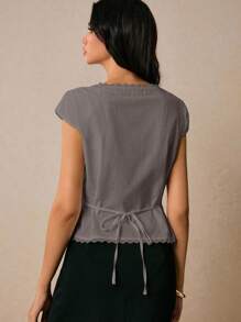 Poéselle Blusa elegante de mujer con contraste de encaje y cuello en V