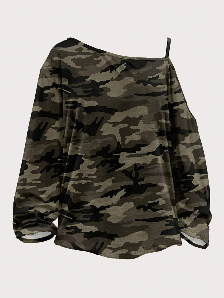 Casual Minimalist Camouflage All-Over Print Off Shoulder Plus Size T ...