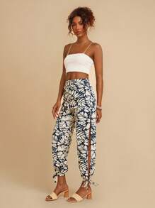 SHEIN VCAY 女士假期風格高腰寬腿褲，側縫口袋並打結綁帶款式，適合海灘 - 藍色 - 查看 5