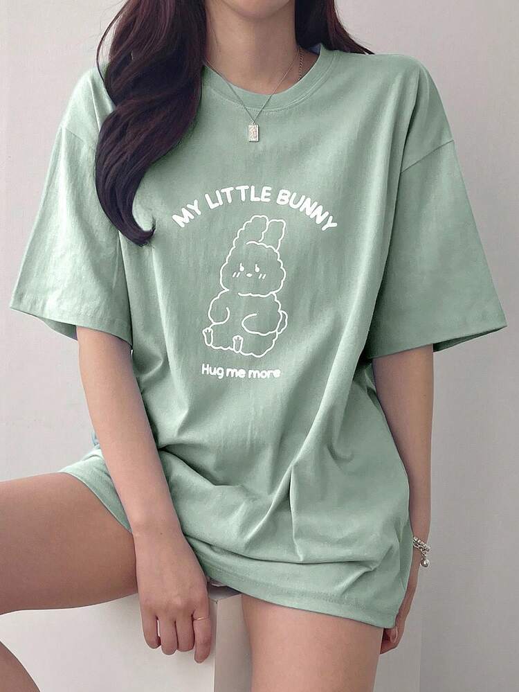 Women's Casual Cartoon Letter Print T-Shirt, Summer Easter