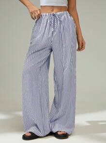 SHEIN PETITE Pantalones anchos a rayas versátiles y casuales para la playa y vacaciones, pantalones anchos de verano a rayas para mujer