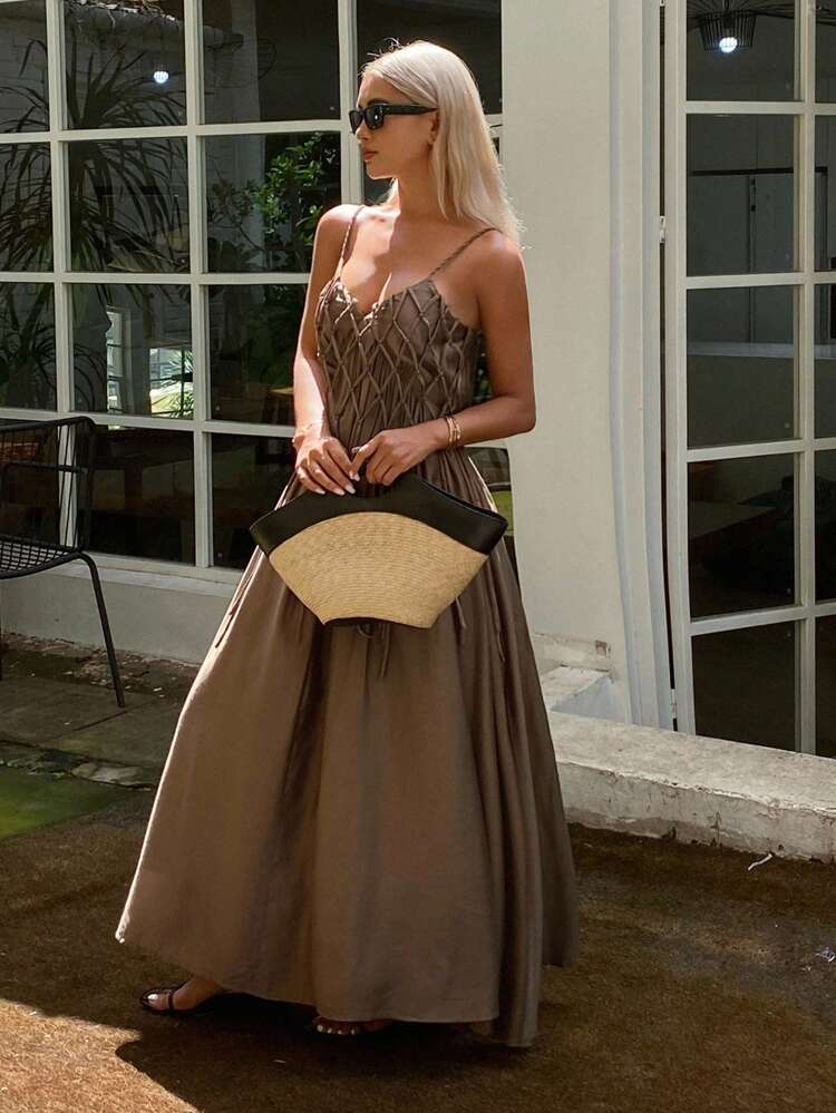 Solid Color Loose A-Line Drawstring Tassel Decor Cami Dress, Casual Holiday Summer Maxi Dress For Women Cruise Outfit For Women