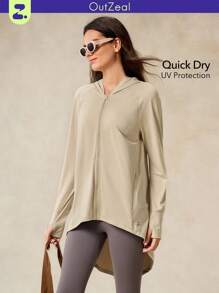 OutZeal 防紫外线 UPF50+ 吸汗排汗高低下摆连帽防晒夹克 - 卡其色 - 查看 1
