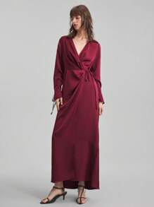 Ontre 2025新款秋季女装酒红色长袖系带领V领收腰宽松休闲通勤商务中长连衣裙，女士商务休闲连衣裙，女士优雅装 - 酒紅色 - 查看 4