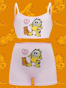 GARFIELD | SHEIN 4件套少女卡通图案吊带背心和短裤内衣套装 - 淺粉色 - 查看 6