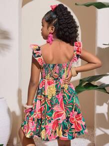 SHEIN 青少年女孩休闲度假盖袖圆领罩衫热带印花 A 字连衣裙 - 黑色 - 查看 2