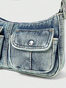 ROMWE Grunge Punk 1pc Double Pocket Shoulder Bag With Faux Fur Tail Charm, Fashionable Personalized Vacation Style Women Handbag (Includes 1 Bag And 1 Set Of Accessories)