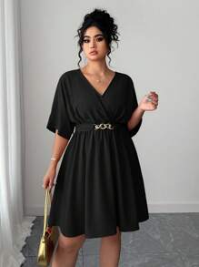 Elenzga 女士休闲简约 V 领收腰短款红色优雅晚礼服，夏季 - 黑色 - 查看 4