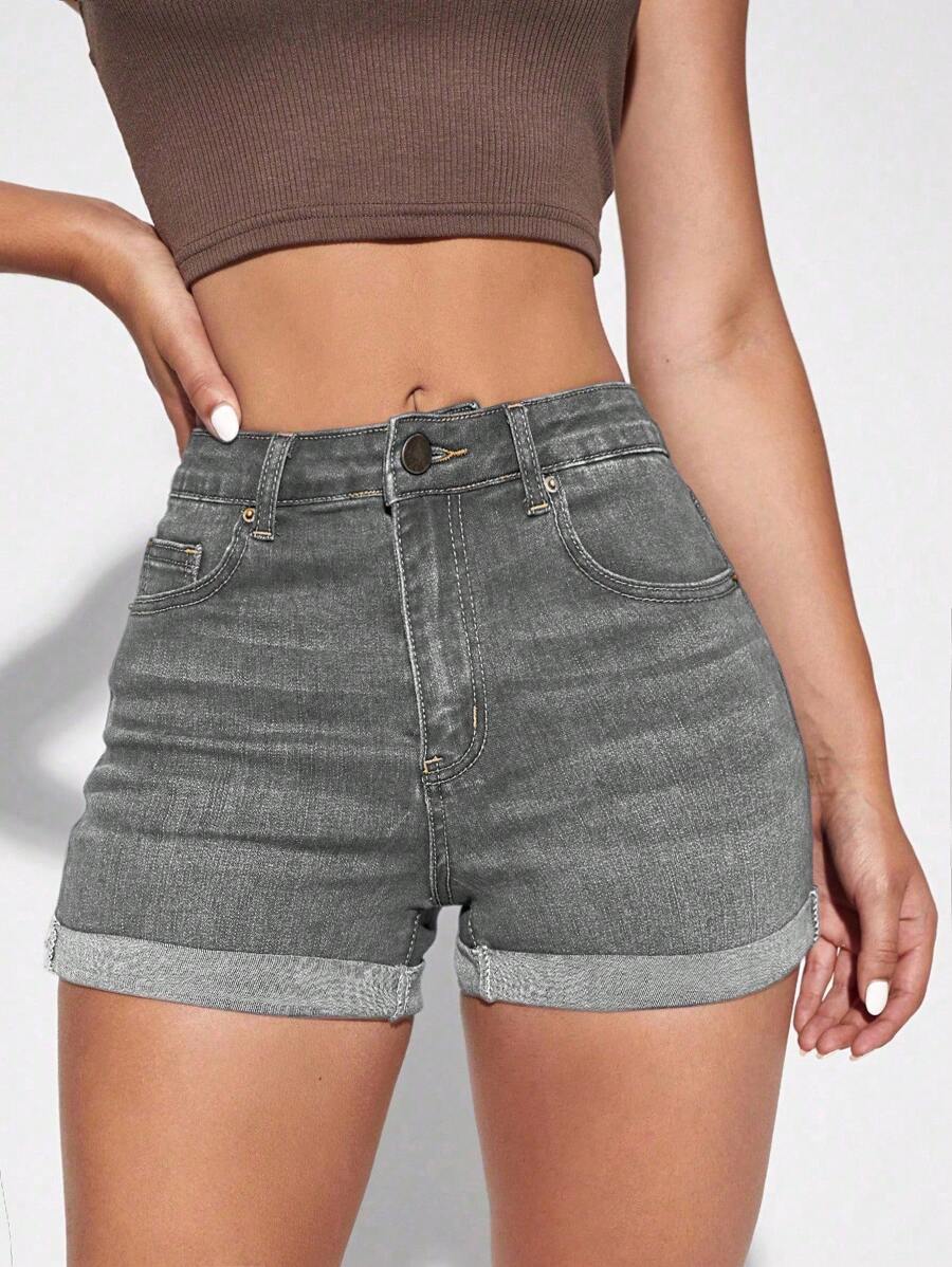 SHEIN Essnce Pantalones cortos vaqueros de mujer de tiro alto y ajustado con puño, de moda, para verano - Gris Claro - Ver 1