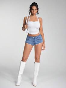 Jeanoix Quần short denim nữ viền ren thời trang cạp siêu thấp - Rửa trung bình - Xem 6