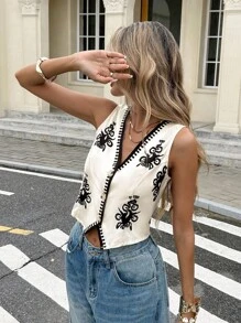 Serisse 女士度假休闲波西米亚风撞色印花无袖背心夏季上衣女式波西米亚风花朵度假上衣 - 黑色 - 查看 4