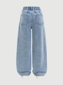 SHEIN Sparklyn 青少年女孩个性化白色蝴蝶结蓝色水洗宽松直筒牛仔裤，休闲度假风格牛仔裤 - 淺色水洗藍 - 查看 2