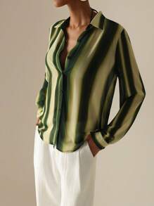 Vesra Blouse longue à manches longues avec boutons et imprimé rayures en mousseline de soie, style décontracté pour femmes en été