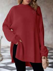 SHEIN Cottnline Suéter De Talla Grande Con Detalles De Botón Y Abertura Lateral - Rojo - Ver 5