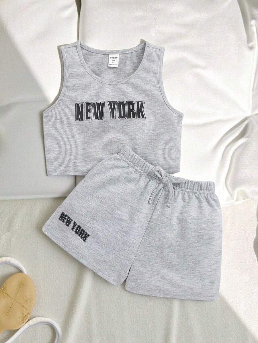 SHEIN Young Girl Letter Graphic Tank Top & Shorts - Light Grey - View 1