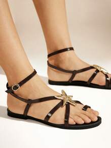 SHUZIA Sandali piatti da donna comodi per tutti i giorni estivi, carini per vacanze e momenti casual, con decorazione a stella marina color oro