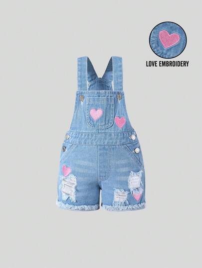 Baby/Baby Girl Casual Cute Heart Embroidery Distressed Denim Bib Overalls Baby Girls Clothing Overalls Overalls Toddler Girl