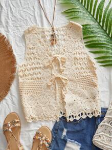 Travachic 女士针织上衣、度假风格、休闲夏日度假、波西米亚海滩度假、波西米亚风、节日庆典、海滩、夏季、毕业典礼、海滩必备品、女士假日镂空钩针背心、7 月 4 日女士、俱乐部、钩针 - 杏色 - 查看 1