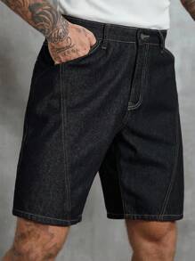Manfinity Homme Men's Summer Raw Denim Relaxed Loose Split Hem Denim Shorts - Blue - View 3