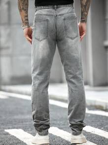 Manfinity Homme 男士日常休闲做旧洗水直筒牛仔裤 - 灰色 - 查看 2