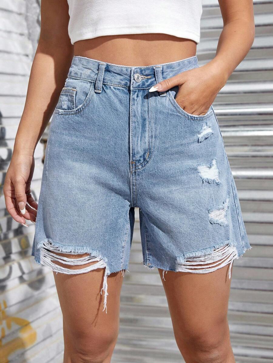 SHEIN ICON Damen hohe Taille fransen abgenutzt Sommer Lässig Jeans Shorts