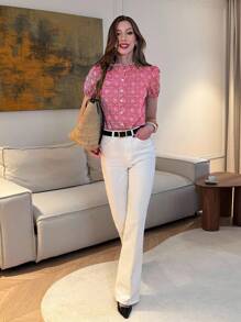 Pariaura Blusa de mujer con volantes bordados florales huecos y mangas cortas, ropa universitaria - Rosa - Ver 5