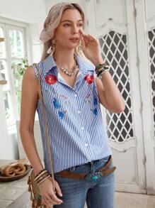 LanaWest 女士条纹花卉图案随机单排扣休闲无袖衬衫 - 藍色 - 查看 4