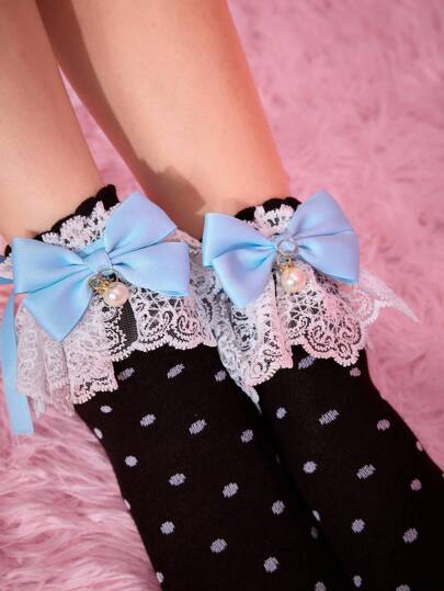 Kawaii Women's Polka Dot Lace Ruffle Trim Mid-Calf Socks