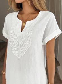 Easowa 女士蕾丝拼接水洗棉休闲/度假优雅衬衫，复古富贵风格 - 白色 - 查看 6