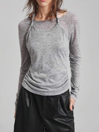 Ontre 优雅分体设计 2025新款 女式上衣 女士T恤 针织面料 花灰色 二合一 挂脖领 船领 长袖 日常穿搭 休闲装 商务通勤 优雅衬衫 商务休闲女装 办公室服装 低调老款 气质不凡 高端都市通勤 高品质机场女装 高端材质