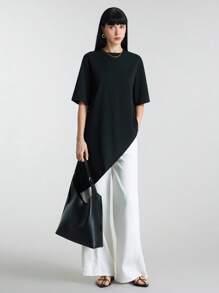 Ontre 2025 年夏季新款超大码黑色圆领短袖 T 恤，女士休闲日常针织 T 恤，度假 - 黑色 - 查看 8