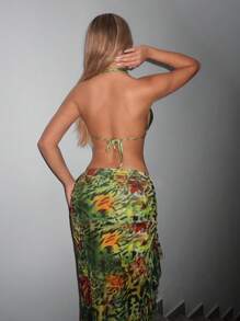 SHEIN ICON 复古浪漫度假嬉皮风格低胸性感短款吊带上衣，多层环绕式开衩裙女式两件套，2025 年 - 彩色 - 查看 2