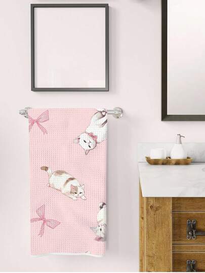Sweetness 1pc Cute Kitten Hand Towel With Bowknot - Super Absorbent Quick-Dry Polyester Kitchen Towel, Decorative Cat-Themed Bathroom Decor, Paw Print Pet Lover Gift For Valentine's Day, Christmas - Low Lint & Machine Washable