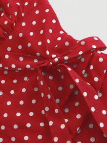 SHEIN MOD Neck Gathered Bust Ruched Waist Ruffle Hem Polka Dot Print Dress - Burgundy - View 3