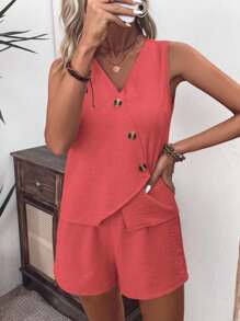 EMERY ROSE 2 Pieces Women Solid Color Sleeveless V-Neck Top And Shorts Set - Watermelon Pink - View 6