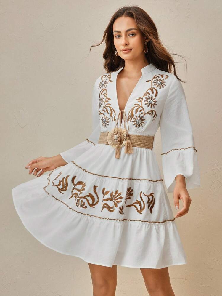 Women's Notched Neck Long Sleeve Vintage Casual Waisted Summer Dress