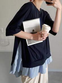 FRIFUL Women Crew Neck Loose Striped T-Shirt With Faux Layered Flounce Hem & Side Slit, Casual Streetwear, Spring/Summer Asymmetrical Top Navy Blue Top Striped Top Half Sleeve Top Layered Top