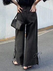 FRIFUL Women's Fashionable Casual Bowknot Tie Loose Fit Denim Jeans Bow Jeans Tie Jeans Black Jeans Split Hem Jeans Wide Leg Jeans - Black - View 5