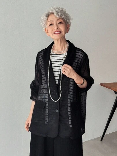 FRIFUL Women's Mesh See-Through Loose Solid Color Suit Jacket Sheer Cardigan Women Summer Cardigans Lightweight Kimono Cardigan Women Sheer Jacket Lightweight Summer Jacket Business Attire