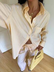 SHEIN EZwear قميص كاجوال طويل الأكمام للنساء بجيب أمامي وطباعة مخططة - أصفر - مشاهدة 3