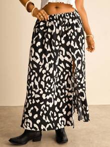 SHEIN VCAY 大码女式夏季度假豹纹开叉裙波西米亚风裙子休闲乡村风女装西部风女装 - 黑與白 - 查看 4