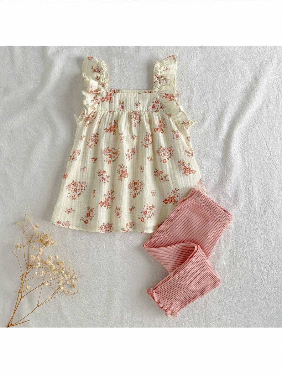 Loomiva 2pcs Baby Girl Ditsy Floral Square Collar Ruffle Trim Top And Elastic Waist Shorts Set Toddler Girl Floral Outfit Baby Girl Floral Two Piece Set 2 Piece Baby Girl Clothes Vintage Floral Baby Outfit Floral Baby Girl Summer Outfit - Multicolor - View 1