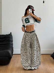 Coolane 女式夏季复古休闲嬉皮街头超大豹纹裤 - 棕色 - 查看 2