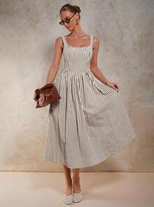 COSMINA 女式条纹印花无袖中长连衣裙 - 杏色 - 查看 2