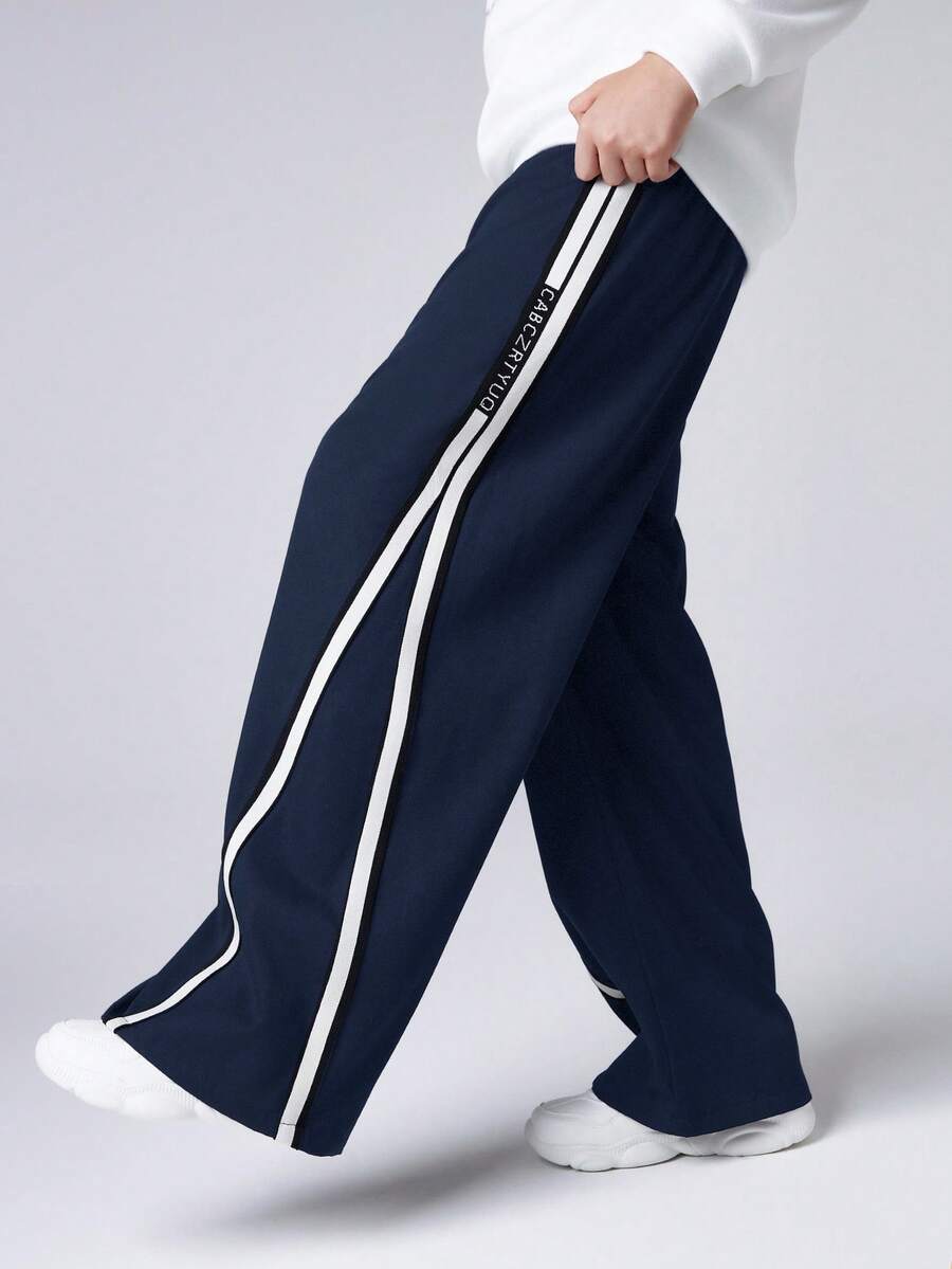 Tween Boy Straight Fit Side Tape Decor Loose Sweatpants,Suitable For Casual,Outdoor Sports,School In Autumn/Winter Wide Leg Pants,Baggy Navy Blue - Navy Blue - View 1