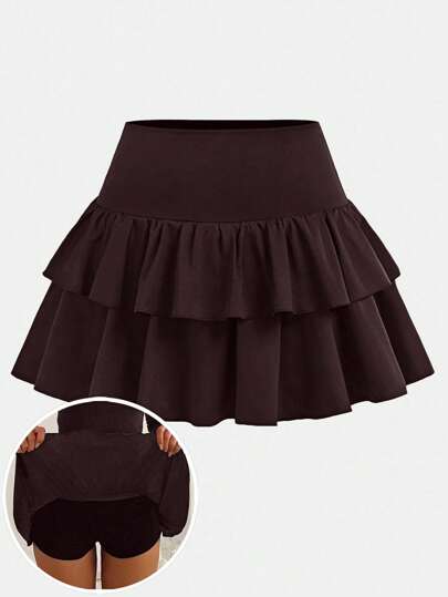 SHEIN Teen Girls Casual, Sports, School, Back To School, Black Inner Leggings Double Ruffle Hem Skater Skirt, Spring And Summer Teen Ruffle Skirt Brown Skirt Tween Skirts For Teen Girls Ruffle Skirt Tiered Ruffle Skirt Fall Winter
