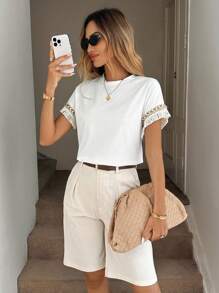 Easowa Áo thun cổ tròn tua rua thường ngày cho nữ, thời trang cơ bản hàng ngày cho mùa xuân/hè - trắng - Xem 5