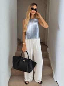 Easowa Casual Women Striped Sleeveless Cropped Top With Back Slit Old Money Style - Blue and White - View 5