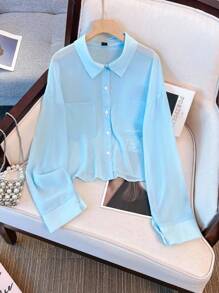 SHEIN LUNE Plus Size Casual Solid Color Long Sleeve Shirt - Blue - View 6